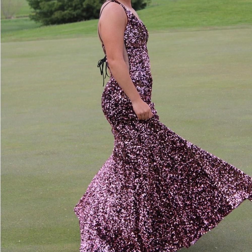 Pink sequins and black under dress prom dress